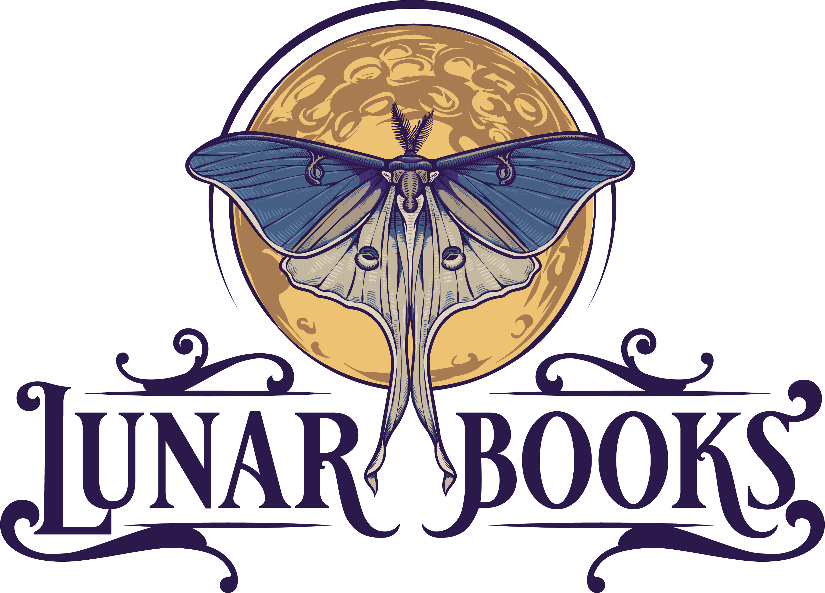 Logo of Lunar Books with a moth and moon design on a white background